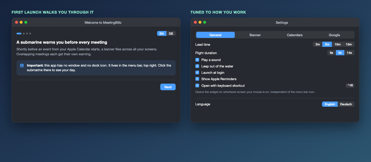 MeetingBlitz first-launch walkthrough and settings window