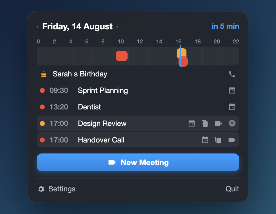 MeetingBlitz menu bar widget: a day timeline with meeting rows and per-event actions like join and copy link