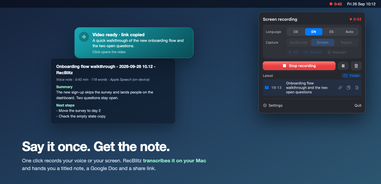 A screen recording in progress, the finished note and the result banner