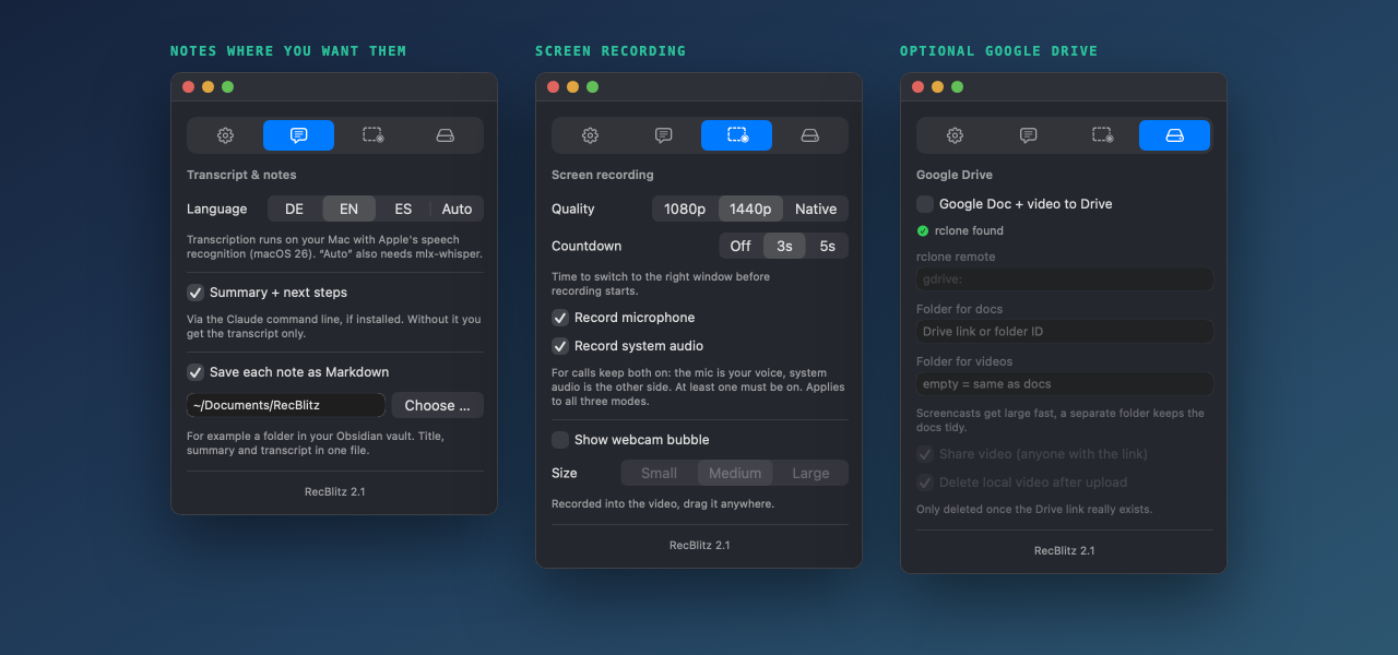 Settings tabs: transcript and notes, screen recording, Google Drive